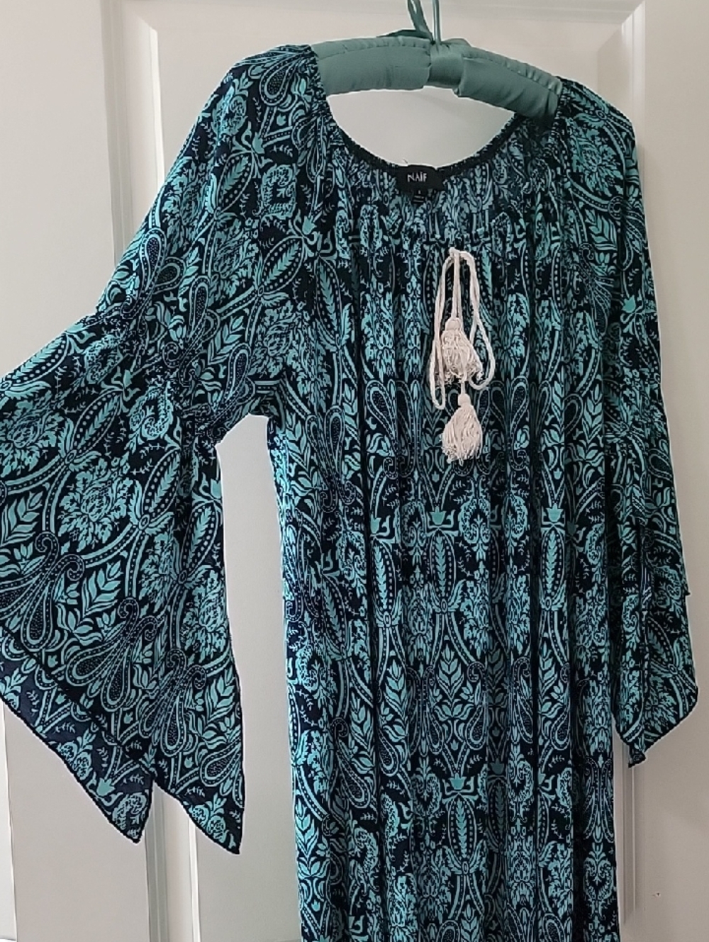NAIF Teal and Navy Paisley Mini Dress with Tassel Tie